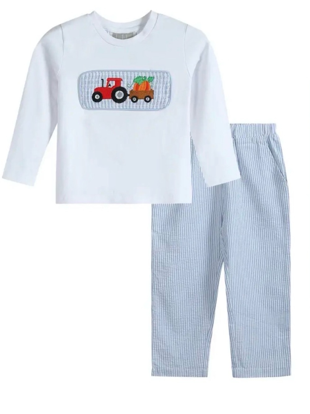 White & Light Blue Pumpkin Tractor Applique Kids Set fall thanksgiving 4T